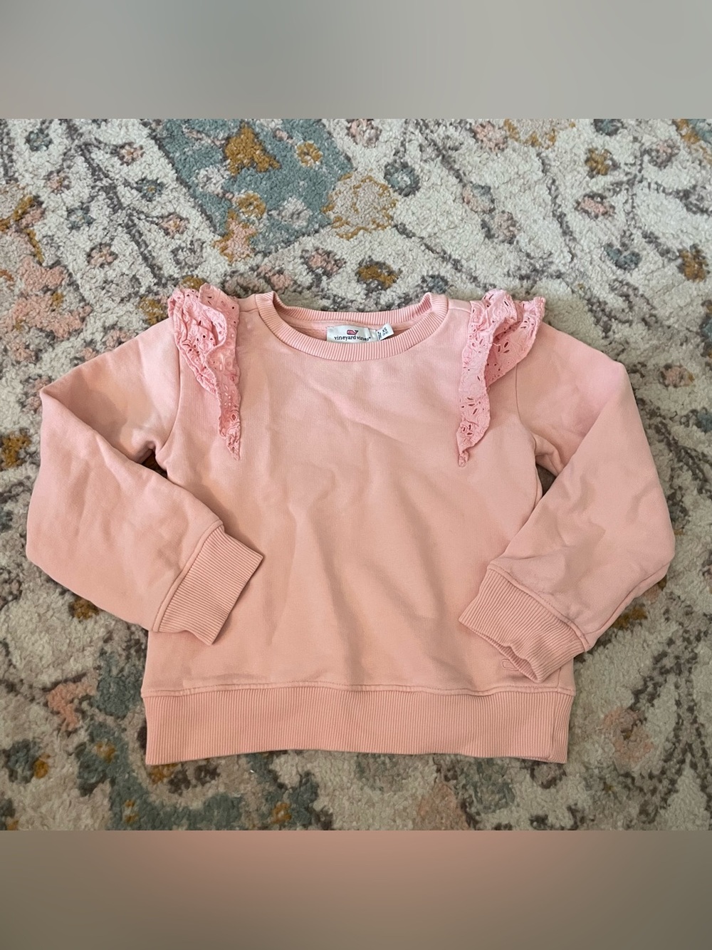 Vineyard Vines Pink Girls Sweatshirt with Eyelet Ruffle Shoulders